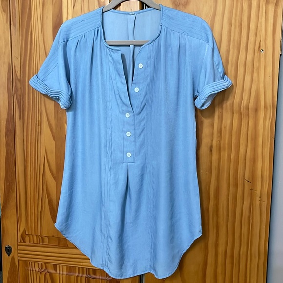ROTITA ROLL SLEEVE Sz L BLUE WOMENS BUTTON FRONT SPLIT NECK BLOUSE PLEATED BACK - Picture 3 of 10